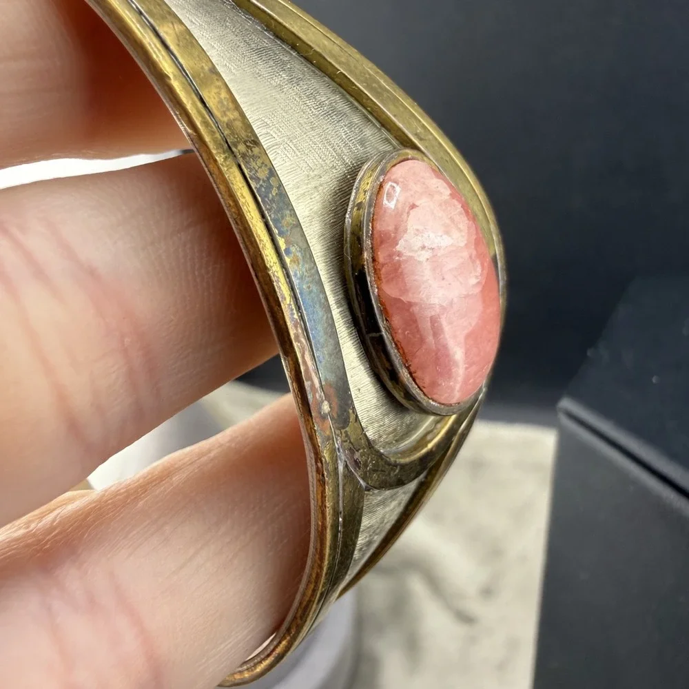 Vintage Statement Cuff Polished‎ Stone Silver and Gold Tone 6.5